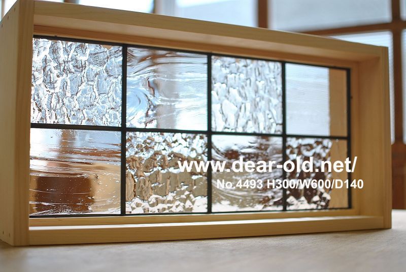 フィックス窓 木製 ひのき フローラガラスの窓枠つき室内窓 採光窓 24×15×24cm アンティークブラウン 受注製作 サッシ、窓